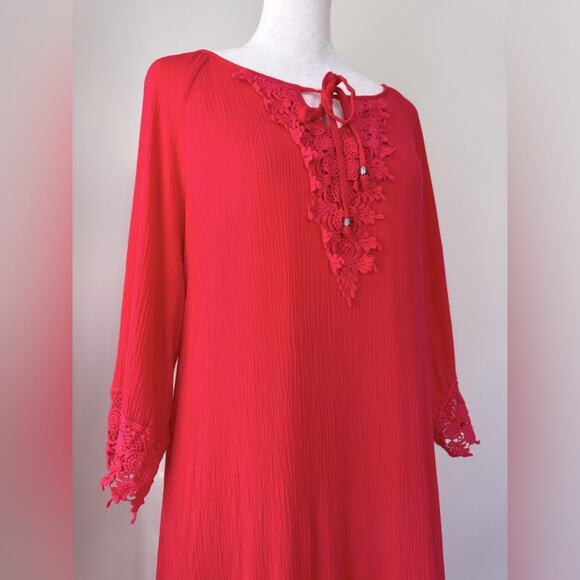 Naïf Coral Pink 3/4 Sleeve Crochet Shift Tunic Mini Dress - Picture 6 of 9
